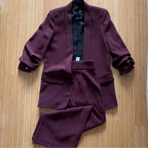 ZARA RUCHED SLEEVE BLAZER & HIGH WAISTED CULOTTES - BURGUNDY SUIT SET